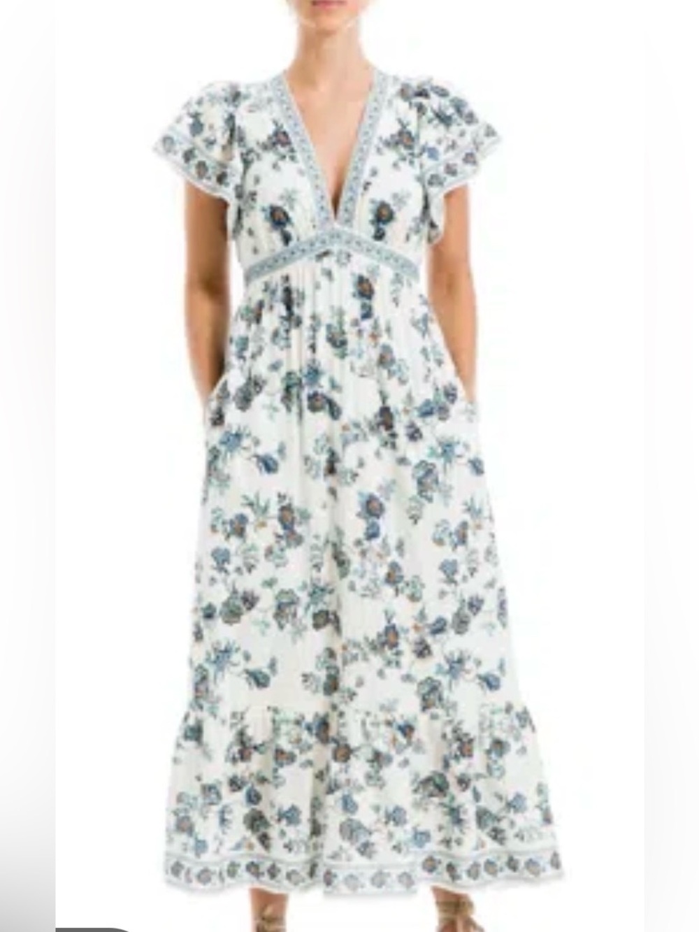 Max Studio White Maxi Dress with Blue and Green Floral Print